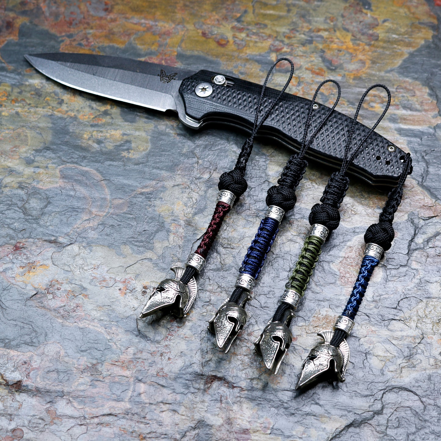 Paracord Knife Lanyard With White Brass Spartan Warrior Helmet Bead