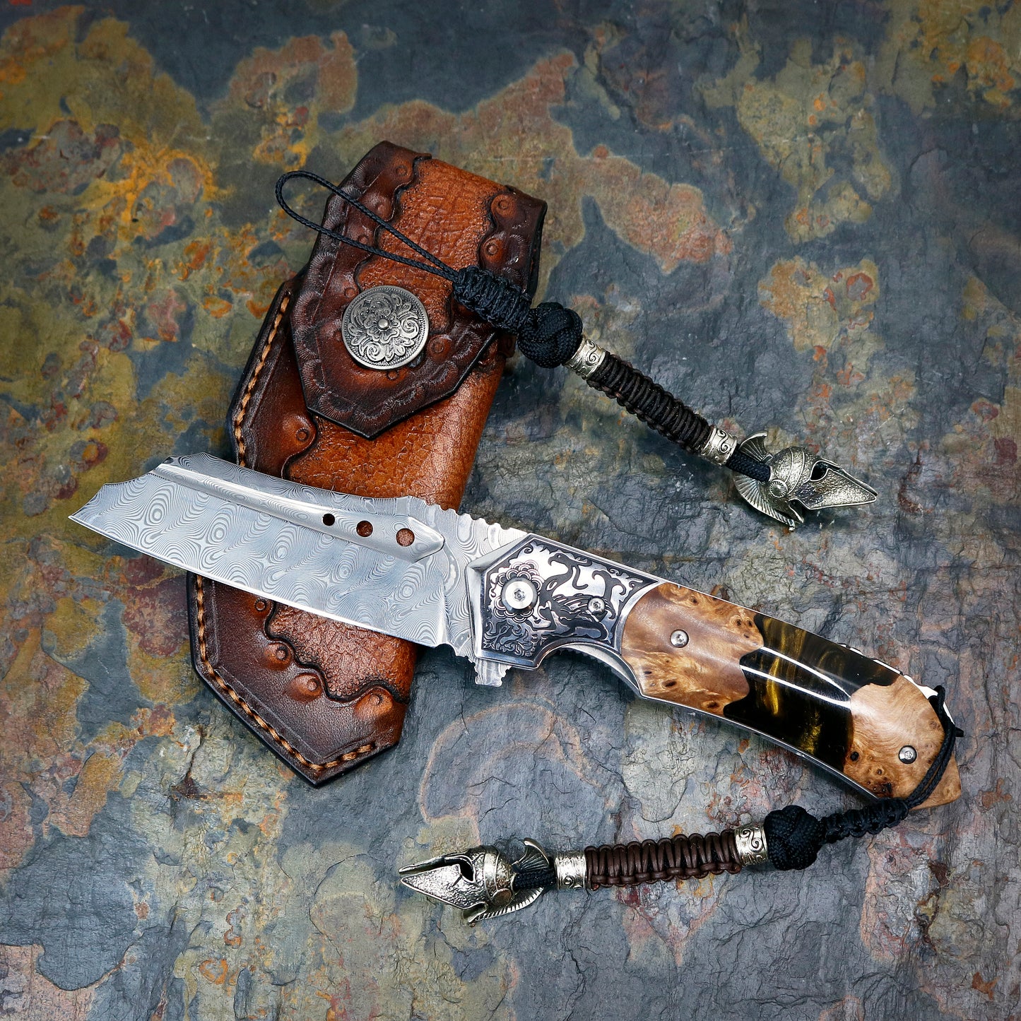 Paracord Knife Lanyard With White Brass Spartan Warrior Helmet Bead / Leather Wrap