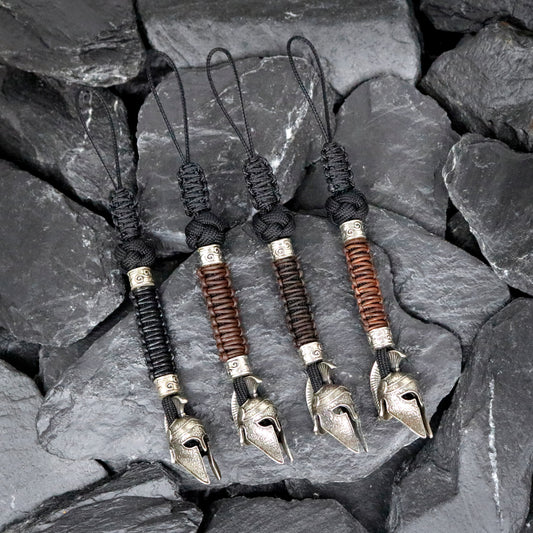 Paracord Knife Lanyard With White Brass Spartan Warrior Helmet Bead / Leather Wrap