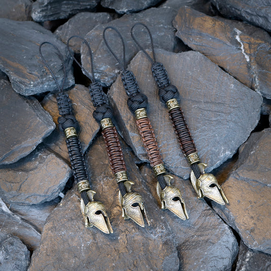 Paracord Knife Lanyard With Antique Brass Spartan Warrior Helmet Bead / Leather Wrap