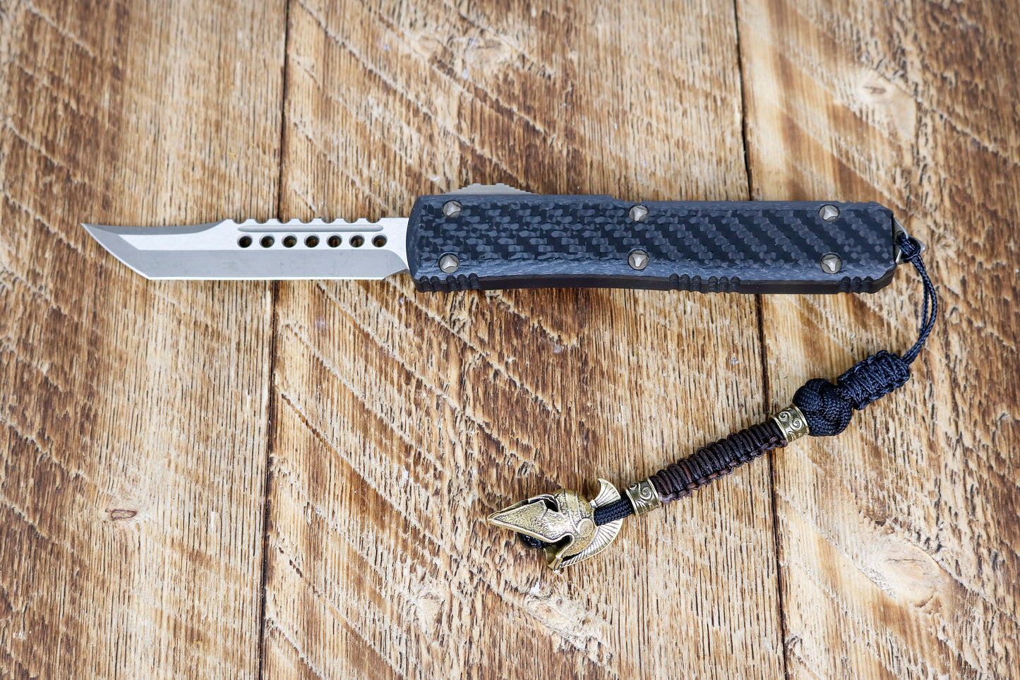 Paracord Knife Lanyard With Antique Brass Spartan Warrior Helmet Bead / Leather Wrap