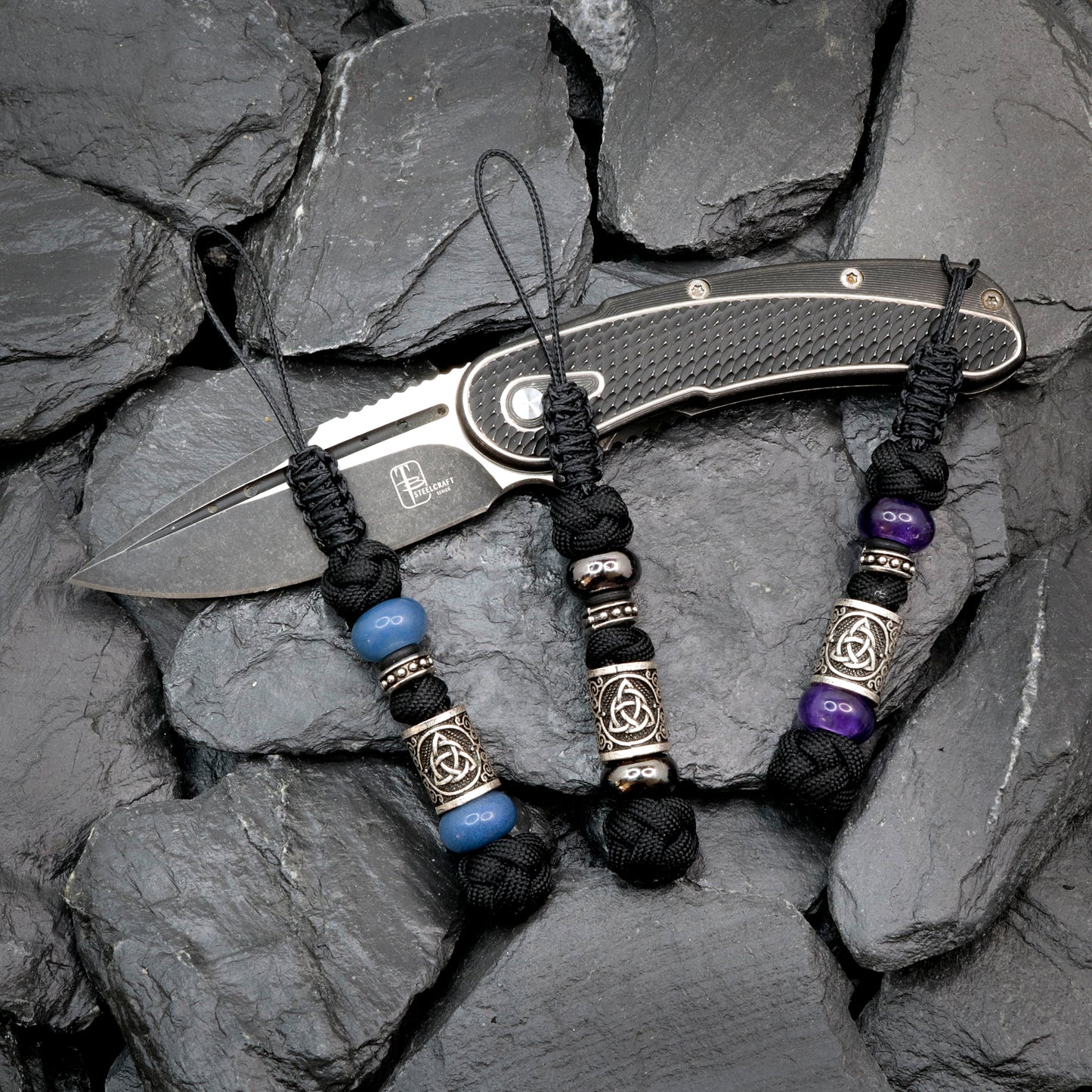 Paracord Knife Lanyard With Celtic Trinity Knot Bead And Semi Precious Stone Beads