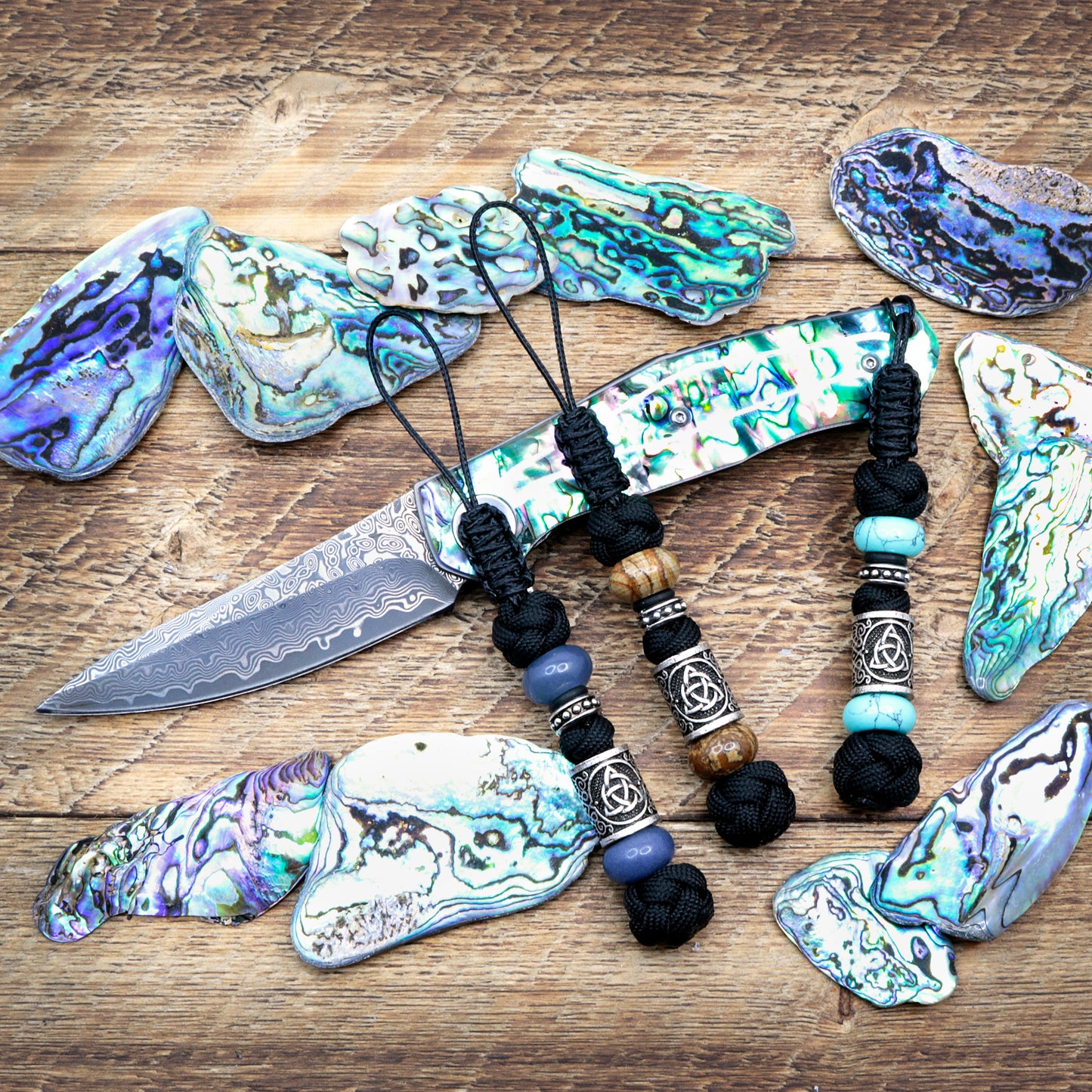 Paracord Knife Lanyard With Celtic Trinity Knot Bead And Semi Precious Stone Beads